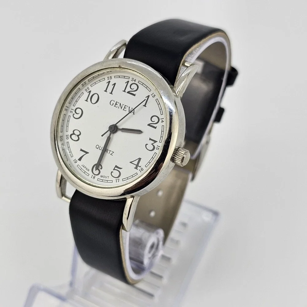 32MM Women's Watch White Dial Black Faux Leather‎ Band Up to 6.5